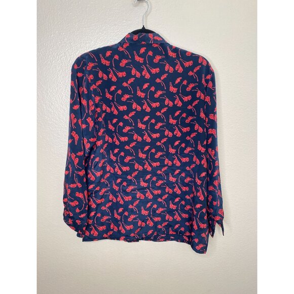 Vintage‎ Lihao Navy & Red Floral Print Long-Sleeve Button-Up Shirt collared - Picture 4 of 5